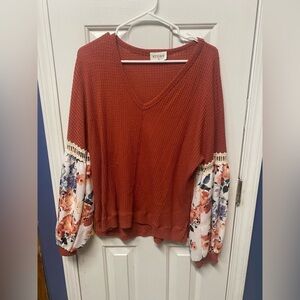 Story Floral Billow Sleeve Boho Style Blouse Women's Size Large L burnt Orange